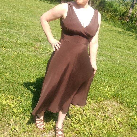 J. Crew Sophia Silk Dress Brown V Neck Midi A-Line - Picture 6 of 8